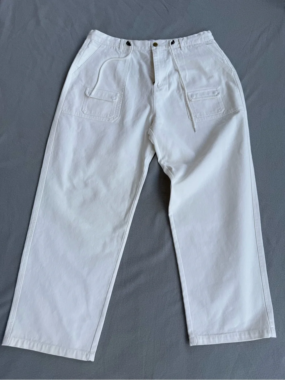 Chez Rien Wide Fatigue Pants In Bone Men Sz XL Loose Fit Draw Cord Waist Canvas
